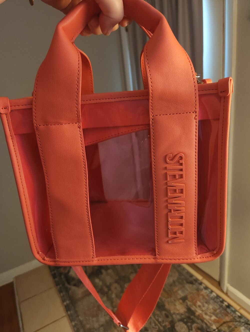 Steve Madden Coral Clear Tote with Embossed Logo Strap